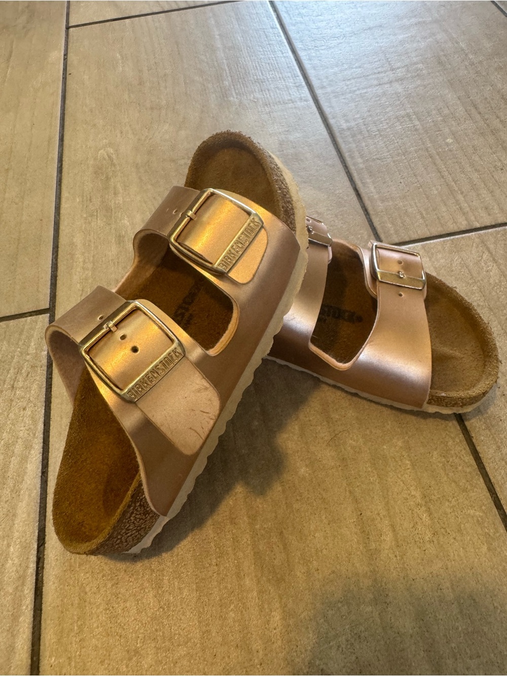 Birkenstock Arizona Metallic Copper Leather Slides Sandals Girl’s Sz 28EU/10 US